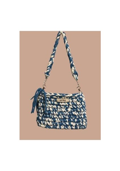 Mavi Beyaz El Örgüsü Penye Ip Çanta fırsatları