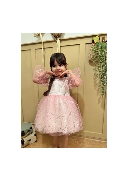 Yıldız Baskılı Pırıltılı Pembe Tül Elbise Kız Çocuklar İçin Parti Stili fiyatları