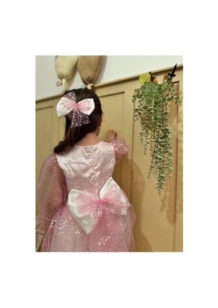 Yıldız Baskılı Pırıltılı Pembe Tül Elbise Kız Çocuklar İçin Parti Stili modelleri