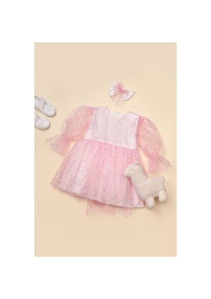 Yıldız Baskılı Pırıltılı Pembe Tül Elbise Kız Çocuklar İçin Parti Stili fırsatları