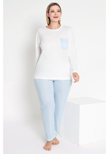Kadın Uzun Kollu Ekru ve Mavi Çizgili Pijama Takımı B-41