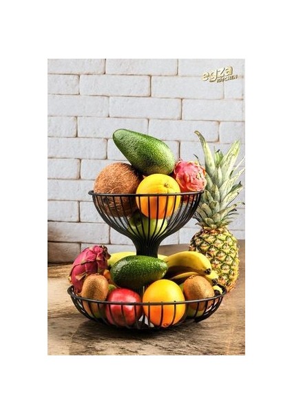 2 Katlı Metal Meyvelik Masa Üstü Sunumluk Lüks Meyve Sepeti Dekoratif Sepet