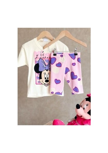 Minnie Mouse Kabartma Puf Baskılı Tşört ve Tayt Takım