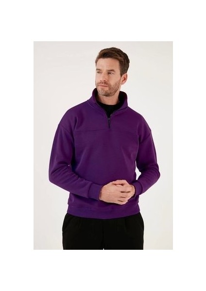 Oversize Yarım Farmuarlı Yakalı Basic Sweatshirt - Mor
