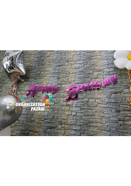 Fuşya Renkli Metalik Happy Birthday El Yazısı Banner