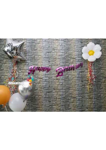 Fuşya Renkli Metalik Happy Birthday El Yazısı Banner fiyatları