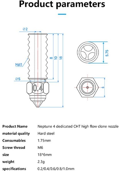 Elegoo Neptune 4-4 Pro Sertleştirilmiş Cht Çelik Nozzle 500°C(0.8MM)