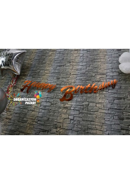 Organizasyon Pazarı Rose Gold Renkli Metalik Happy Birthday El Yazısı Banner