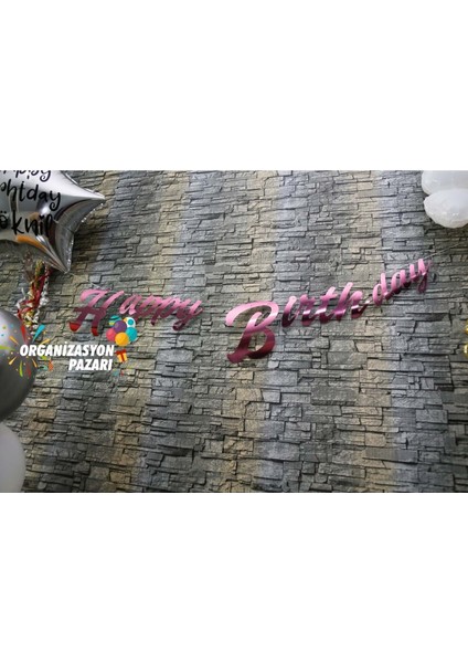 Pembe Renkli Metalik Happy Birthday El Yazısı Banner