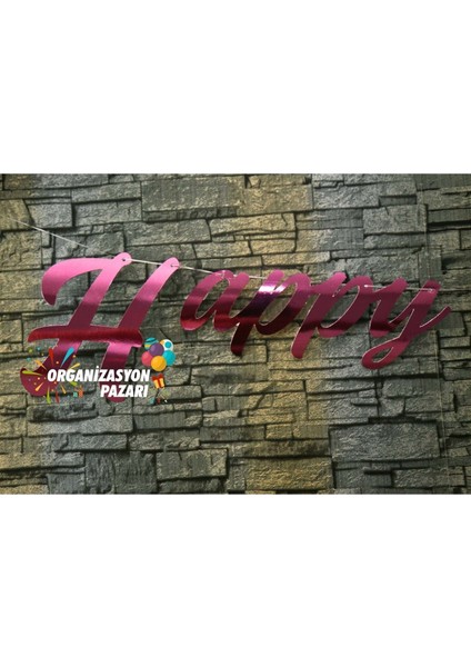 Pembe Renkli Metalik Happy Birthday El Yazısı Banner modelleri