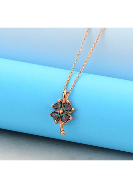 925 Ayar Gümüş Rose Mistik Topaz Taşlı Yonca Kolye