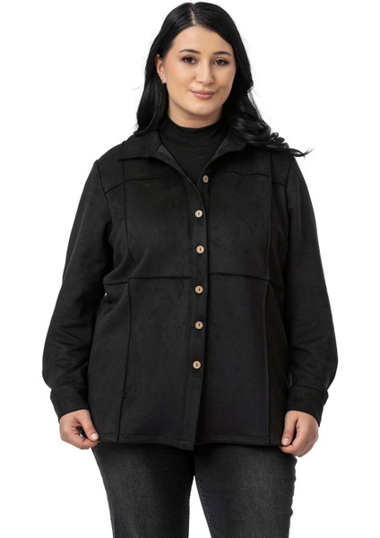 Büyük Beden Nervür Dikişli Süet Siyah Ceket Gömlek