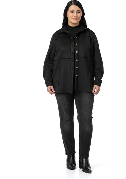 Büyük Beden Nervür Dikişli Süet Siyah Ceket Gömlek fiyatları