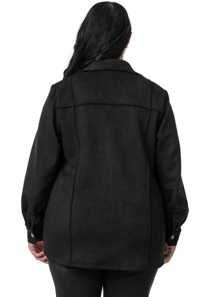 Büyük Beden Nervür Dikişli Süet Siyah Ceket Gömlek modelleri