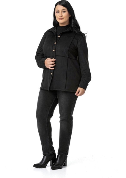 Büyük Beden Nervür Dikişli Süet Siyah Ceket Gömlek fırsatları