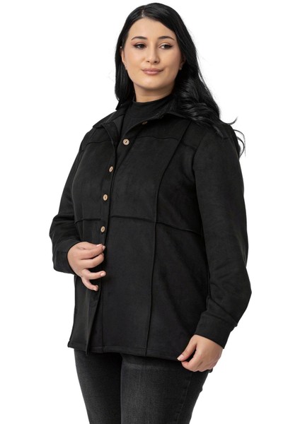 Büyük Beden Nervür Dikişli Süet Siyah Ceket Gömlek indirimleri
