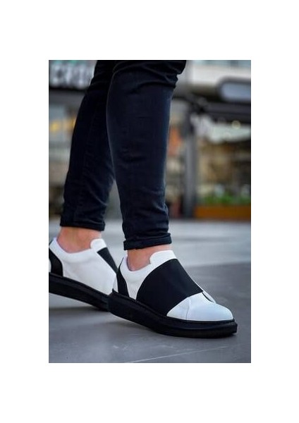 KB-040 Kuback Beyaz Cilt Siyah Yüksek Taban Lastikli Günlük Erkek Ayakkabı