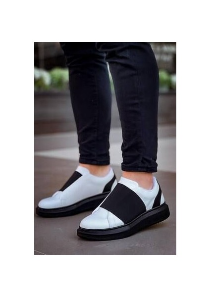 KB-040 Kuback Beyaz Cilt Siyah Yüksek Taban Lastikli Günlük Erkek Ayakkabı modelleri