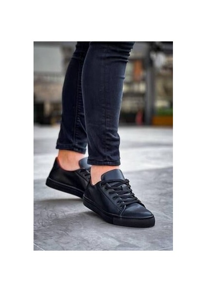 KB-122 Kuback Siyah Cilt Siyah Yüksek Taban Bağcıklı Günlük Erkek Ayakkabı