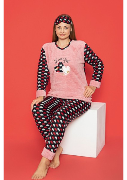 X-Dreamy Büyük Beden Welsoft Polar Kalp Desenli Peluş Pijama Takımı