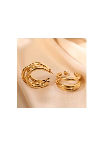 Çelik Kadın Küpe, Üç Sıra Yarım Halka, Gold Renk, No:70 indirimleri