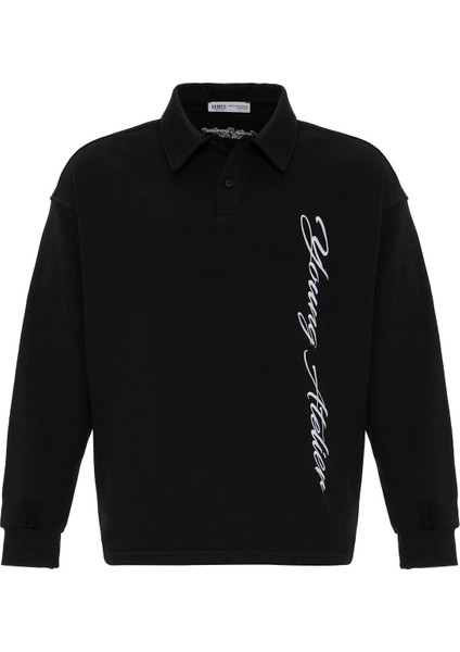 Polo Yaka Yazı Detaylı Oversıze Sweatshırt Siyah