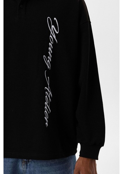 Polo Yaka Yazı Detaylı Oversıze Sweatshırt Siyah