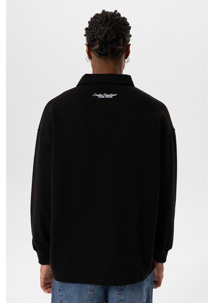 Polo Yaka Yazı Detaylı Oversıze Sweatshırt Siyah