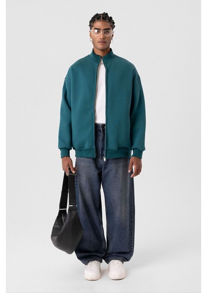 Basıc Fermuarlı Oversıze Sweatshırt Petrol modelleri