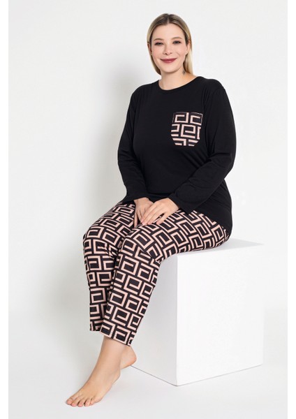 Kadın Uzun Kollu Siyah Renkli Labirent Desenli Pijama Takımı B-42