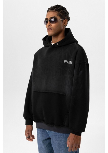 Yıkamalı Oversıze Kapüşonlu Sweatshırt Siyah