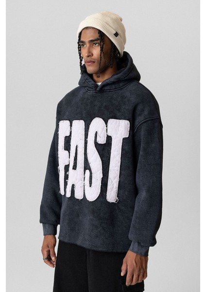 Yıkamalı Oversıze Kapüşonlu Sweatshırt Siyah