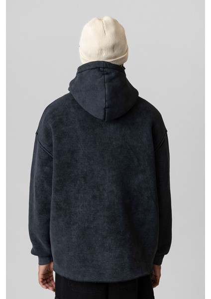 Yıkamalı Oversıze Kapüşonlu Sweatshırt Siyah