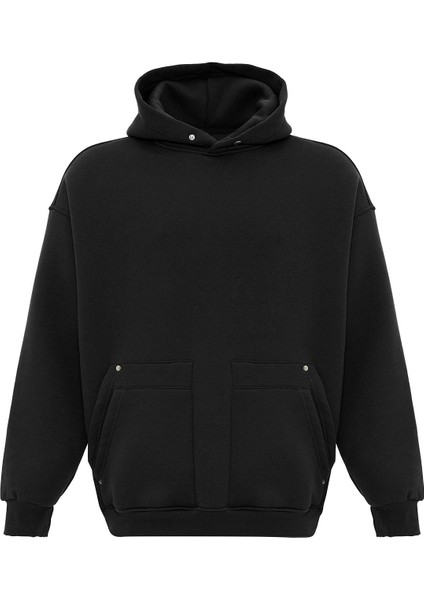 Cep Detaylı Kapüşonlu Oversıze Sweatshırt Siyah