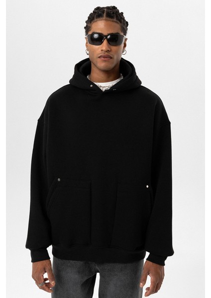 Cep Detaylı Kapüşonlu Oversıze Sweatshırt Siyah fiyatları