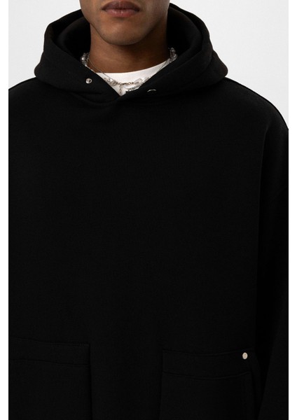 Cep Detaylı Kapüşonlu Oversıze Sweatshırt Siyah indirimleri