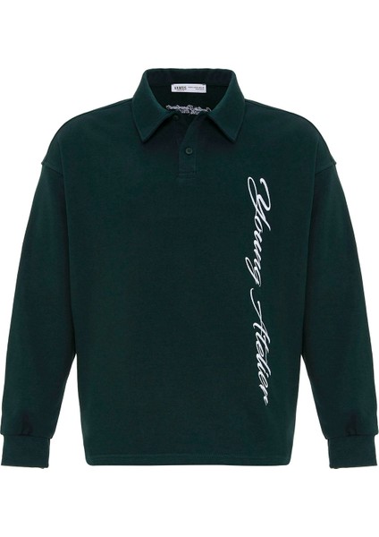 Polo Yaka Yazı Detaylı Oversıze Sweatshırt Nefti
