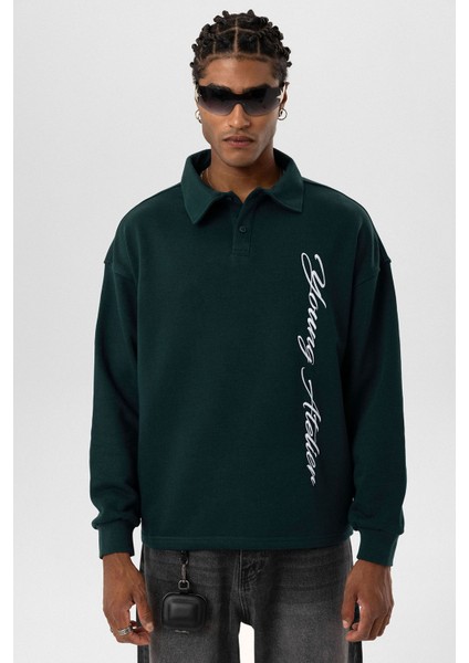 Polo Yaka Yazı Detaylı Oversıze Sweatshırt Nefti fiyatları