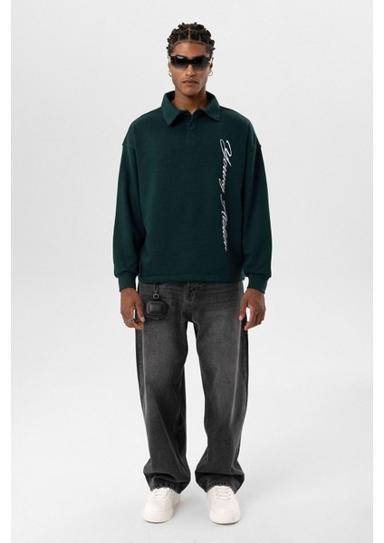 Polo Yaka Yazı Detaylı Oversıze Sweatshırt Nefti modelleri