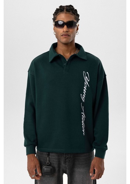 Polo Yaka Yazı Detaylı Oversıze Sweatshırt Nefti indirimleri