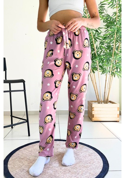 Dreamy Soft Kadife Dokulu Ayıcık Desenli Süet Pijama Altı Pantolon