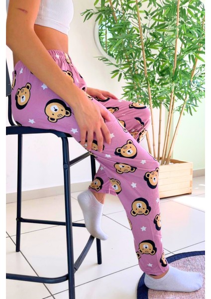 Dreamy Soft Kadife Dokulu Ayıcık Desenli Süet Pijama Altı Pantolon