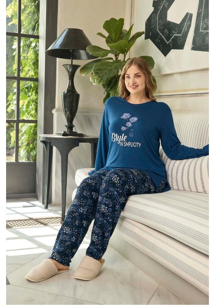 Kadın Inci Büyük Beden Style Gece Mavisi Pijama Takım 0647