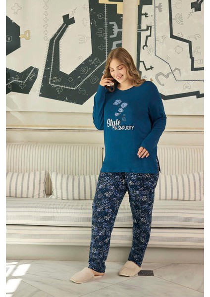 Kadın Inci Büyük Beden Style Gece Mavisi Pijama Takım 0647