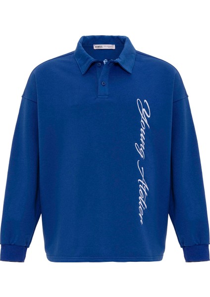 Polo Yaka Yazı Detaylı Oversıze Sweatshırt Saks