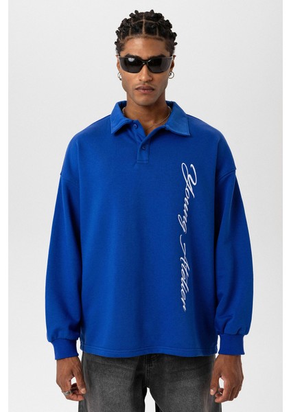 Polo Yaka Yazı Detaylı Oversıze Sweatshırt Saks