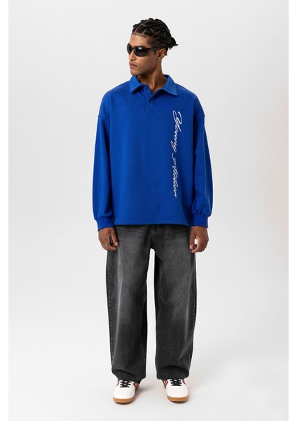 Polo Yaka Yazı Detaylı Oversıze Sweatshırt Saks