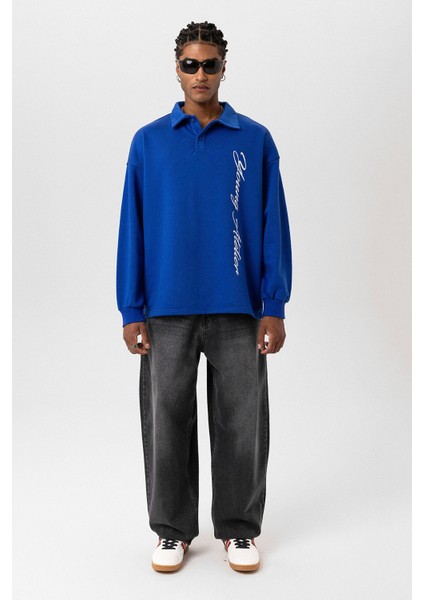 Polo Yaka Yazı Detaylı Oversıze Sweatshırt Saks