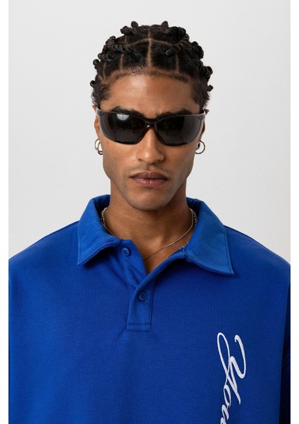 Polo Yaka Yazı Detaylı Oversıze Sweatshırt Saks