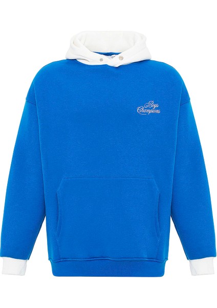 Yazı Detaylı Oversıze Kapüşonlu Sweatshırt Turkuaz